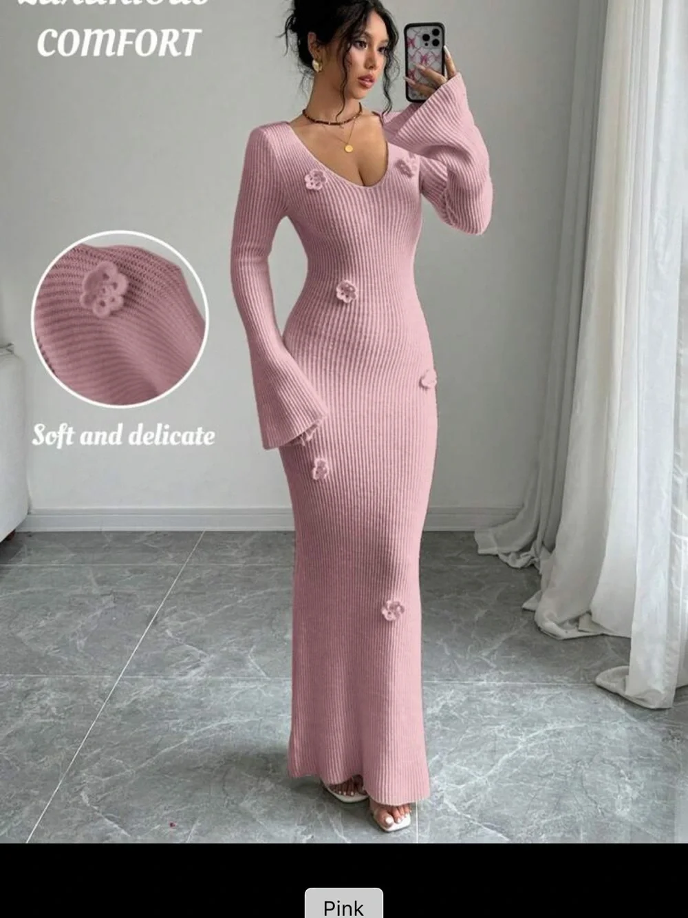 Women’s Pink Ribbed V‑Neck Sweater with Crochet Flower Details